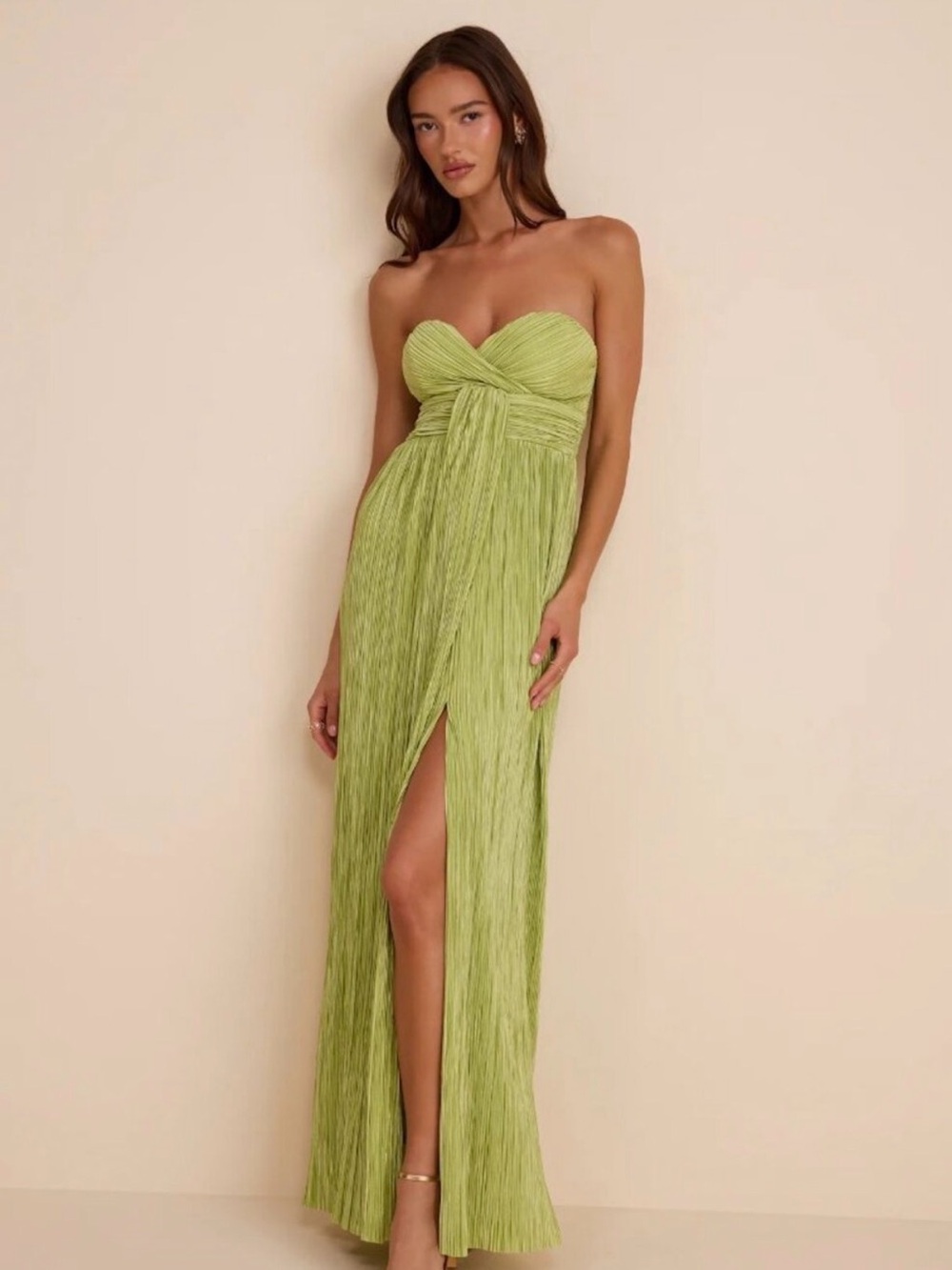 Lulu's Strapless Lime Green Maxi Dress with Front Slit